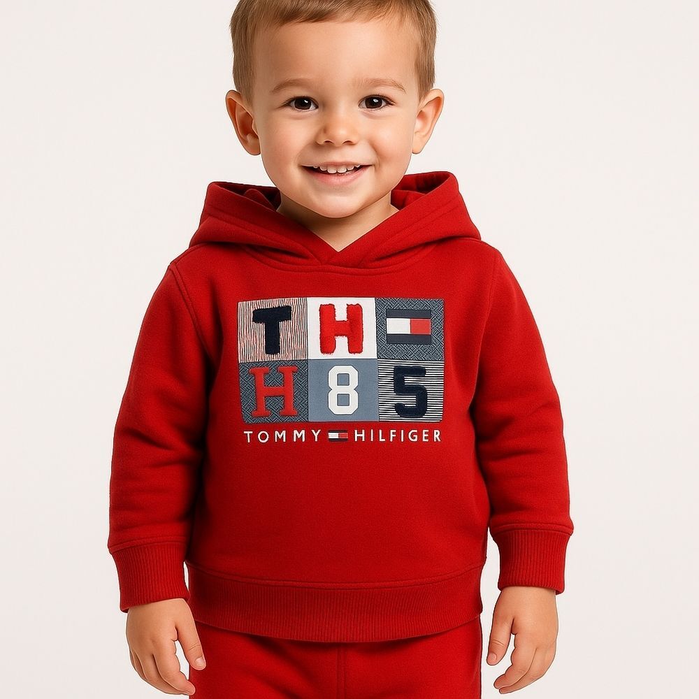 Tommy Hilfiger Red Hooded Sweatshirt 18M Sporty Cozy Activewear Play Clothes Cla